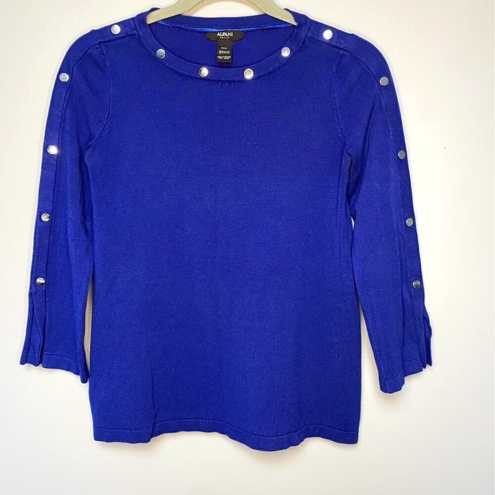Alfani Petite Colbalt Blue Silver Studded 3/4 Sleeve Top in size P/P